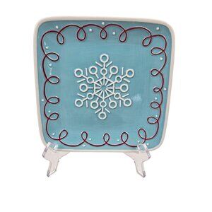 Hallmark Snowflake Ceramic Plate Blue White Red Accents Holiday Display Square